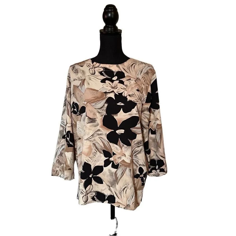 Alfred Dunner Womens Top Size 14 Beige Black Floral Long Sleeve Blouse